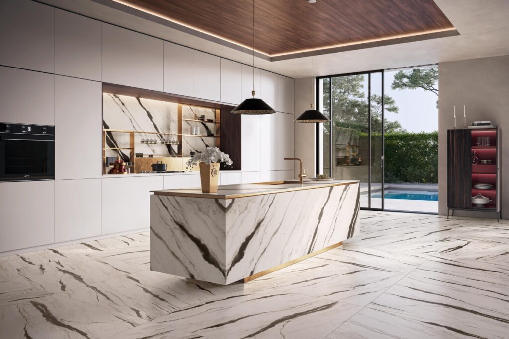 Versace Maximvs Cucina kitchen featuring island bench in luxury Italian porcelain design