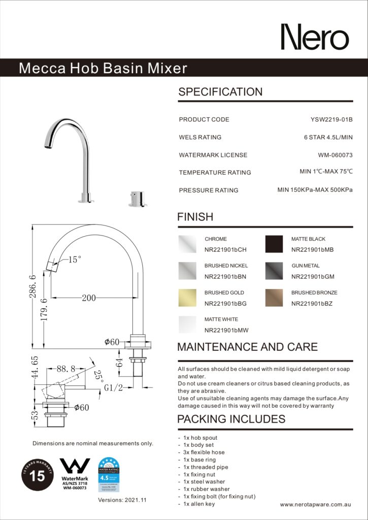 MECCA HOB BASIN MIXERS ROUND SPOUT BY NERO  — view 8 — Uptiles Brisbane