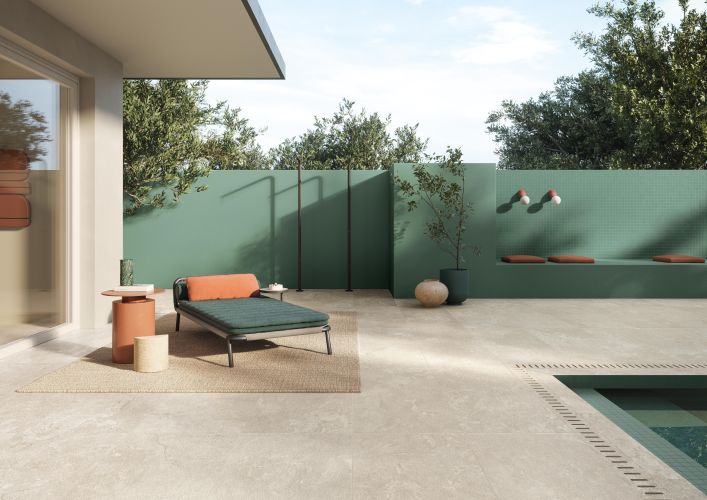 Italgraniti Dorset Beige Cross porcelain in an outdoor setting